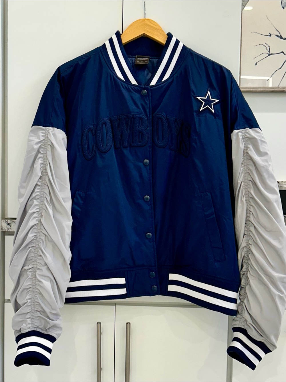 Signature Navy and Light Gray Cowboys Varsity Jacket with Star Patch
